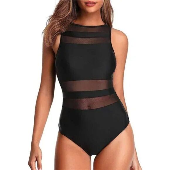 Women High Neck One Piece Swimsuits Mesh Bathing Suits Open Back Swimwear, Black - Picture 1 of 7